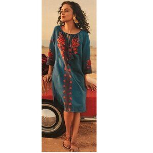 Soft Surrounding Women's 1X Cotton Linen Embroidered Tunic Dress Teal Orange